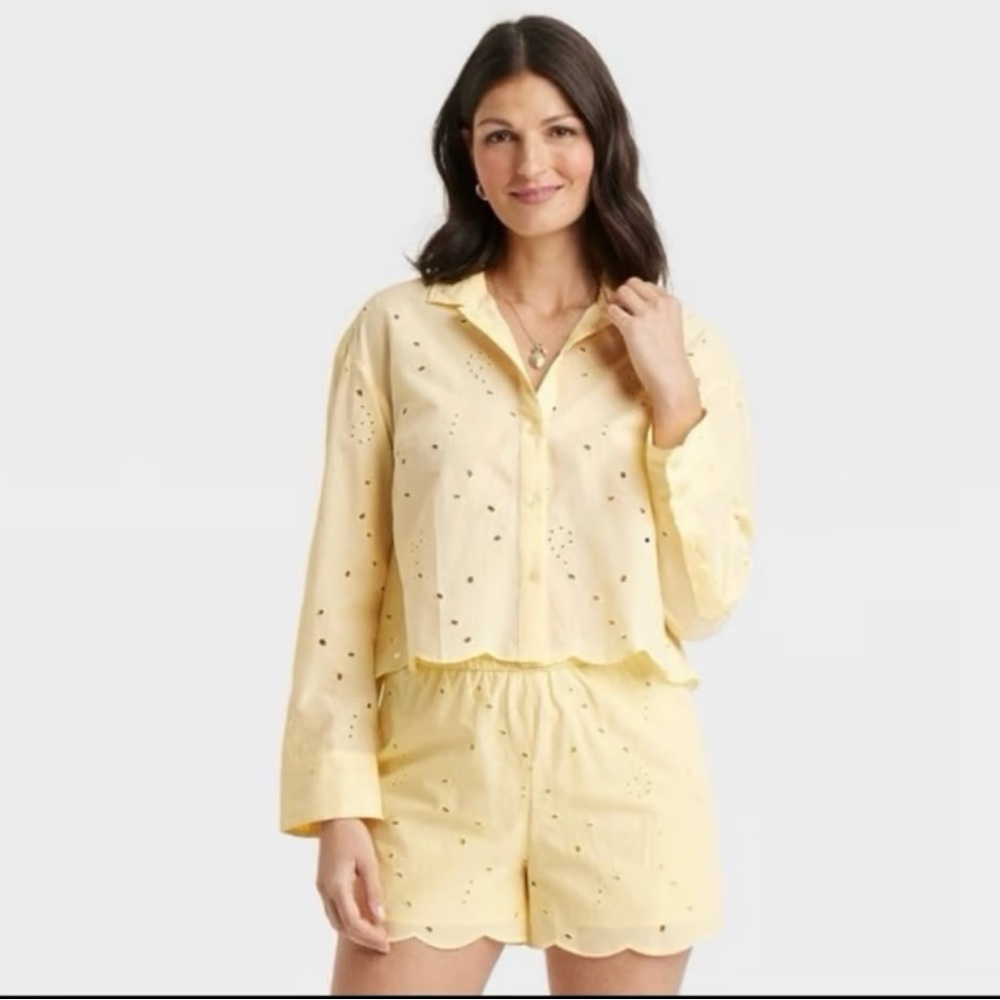 a new day Women's Yellow Eyelet Button-Front Pajama Set